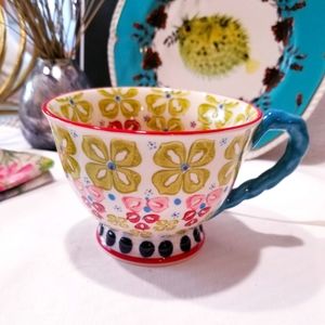 Anthropologie Mug Elka Ayaka Floral Pedestal Braided Teal Blue Handle NEW